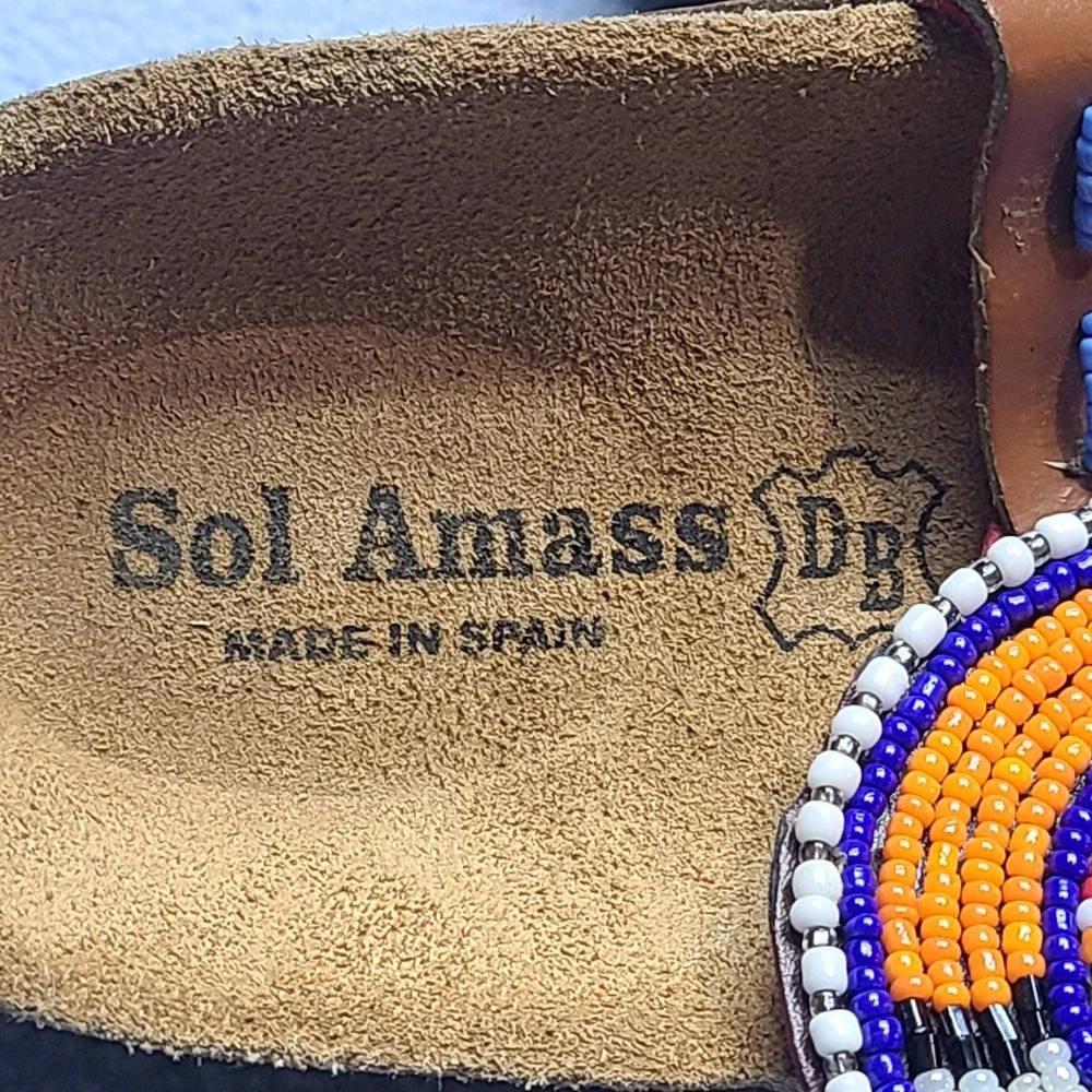 Sol Amass Beaded Thong Sandals Womens 37 Brown Excellent Boho Cork Slides - Picture 3 of 7